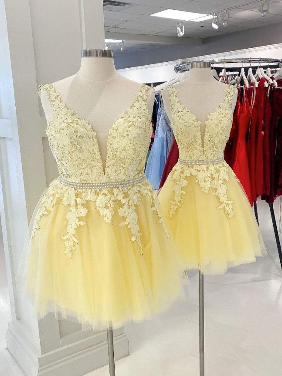 Yellow v neck tulle lace short Corset Prom dress, yellow Corset Homecoming dress outfit, Prom Dress Idea