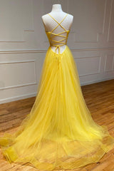 Yellow v neck tulle long Corset Prom dress yellow Corset Formal dress outfit, Prom Dress Styles