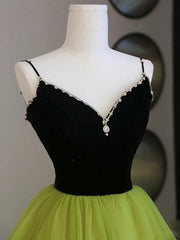 Black Velvet and Green Tulle Long Corset Prom Dress, Green V-Neck Evening Dress outfit, Bridesmaid Dresses Tulle