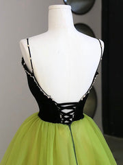 Black Velvet and Green Tulle Long Corset Prom Dress, Green V-Neck Evening Dress outfit, Bridesmaid Dress Tulle