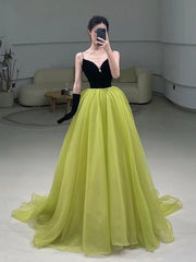 Black Velvet and Green Tulle Long Corset Prom Dress, Green V-Neck Evening Dress outfit, Bridesmaids Dress Chiffon
