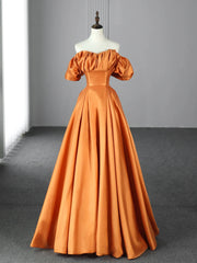 Orange Floor Length Satin Long Corset Prom Dress, Off the Shoulder Evening Party Dress Outfits, Bridesmaids Dresses Different Styles