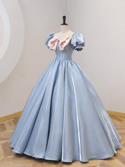 Blue Satin Floor Length Corset Prom Dress with Bow, Blue A-Line Evening Corset Formal Dress outfit, Bridal Shoes