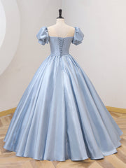 Blue Satin Floor Length Corset Prom Dress with Bow, Blue A-Line Evening Corset Formal Dress outfit, Ball Dress