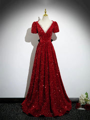 Burgundy V-Neck Sequins Long Corset Prom Dress, A-Line Evening Party Dress with Bow outfit, Ethereal Dress