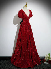 Burgundy V-Neck Sequins Long Corset Prom Dress, A-Line Evening Party Dress with Bow outfit, Chiffon Dress