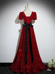 Burgundy V-Neck Sequins Long Corset Prom Dress, A-Line Evening Party Dress with Bow outfit, Navy Blue Dress