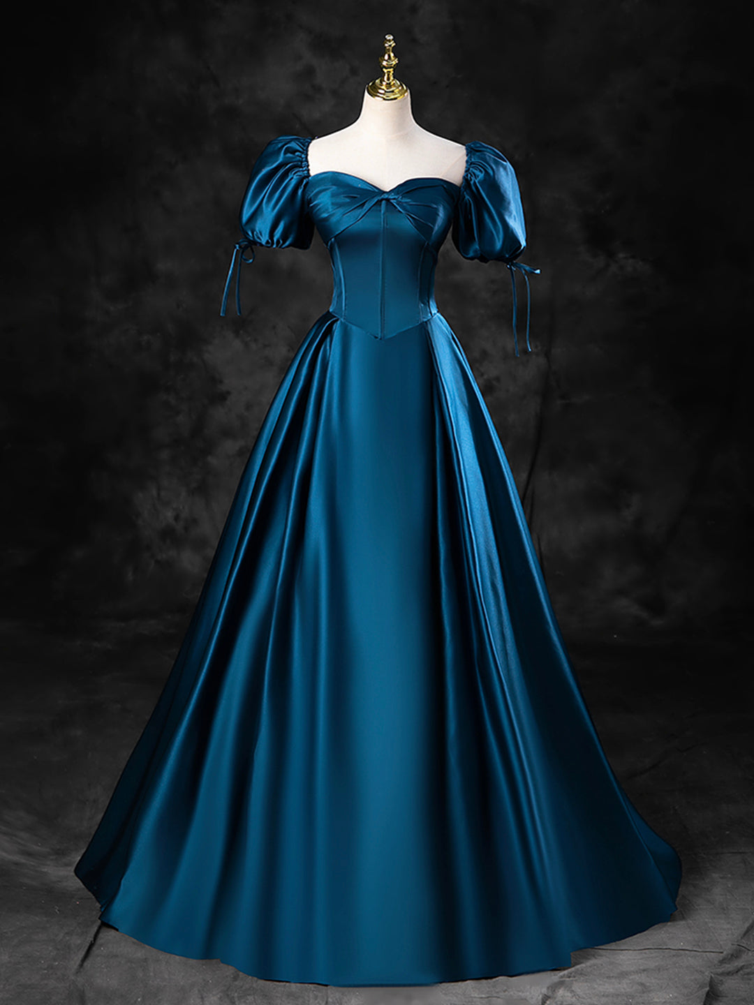 Blue Satin Off the Shoulder Floor Length Corset Prom Dress, Blue A-Line Party Dress Outfits, Flower Dress