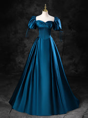 Blue Satin Off the Shoulder Floor Length Corset Prom Dress, Blue A-Line Party Dress Outfits, Flower Dress