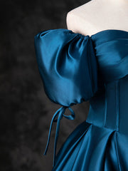 Blue Satin Off the Shoulder Floor Length Corset Prom Dress, Blue A-Line Party Dress Outfits, Elegant Wedding
