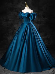 Blue Satin Off the Shoulder Floor Length Corset Prom Dress, Blue A-Line Party Dress Outfits, Wedding Pictures Ideas