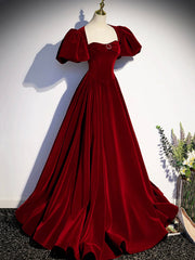 Burgundy Velvet Floor Length Corset Prom Dress, Beautiful Open Back Evening Dress with Pearls Gowns, Pink Formal Dress