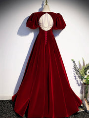 Burgundy Velvet Floor Length Corset Prom Dress, Beautiful Open Back Evening Dress with Pearls Gowns, Dark Red Dress