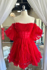 Red Tulle Puff Sleeves Ruffles Tulle Corset Homecoming Dress outfit, Party Dresses For Teens