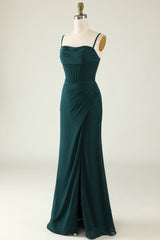 Dark Green Spaghetti Straps Corset Wedding Guest Dress with Slit Gowns, Prom Dress Size 14