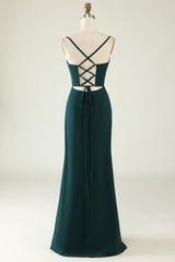 Dark Green Spaghetti Straps Corset Wedding Guest Dress with Slit Gowns, Prom Dresses 2020 Cheap