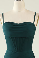 Dark Green Spaghetti Straps Corset Wedding Guest Dress with Slit Gowns, Prom Dresses Princess Style