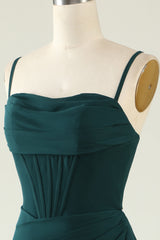 Dark Green Spaghetti Straps Corset Wedding Guest Dress with Slit Gowns, Prom Dress Princess Style
