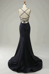 Navy Mermaid Spaghetti Straps Beaded Corset Prom Dress with Split outfit, Homecoming Dress Vintage